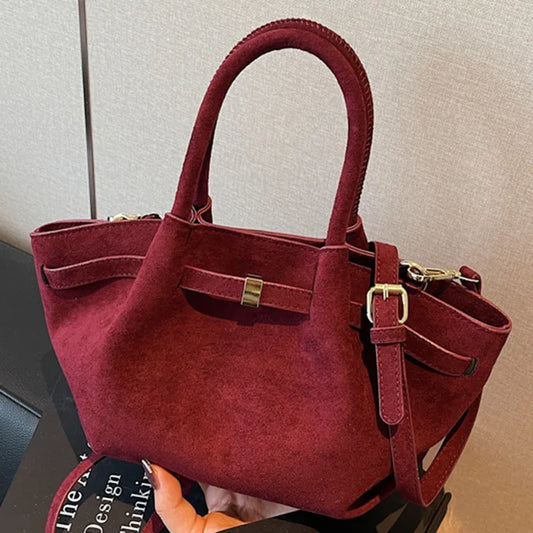 Matte Leather Suede Tote Handbags for Women Large Capacity Retro Shoulder Bag Fall Winter Belt Design Female Crossbody Bags