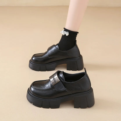 Women's Leather Loafer Slip-on Shoes - Thick Sole Height Increasing Casual Walking Shoes, Metal Buckle Decor Versatile for Daily