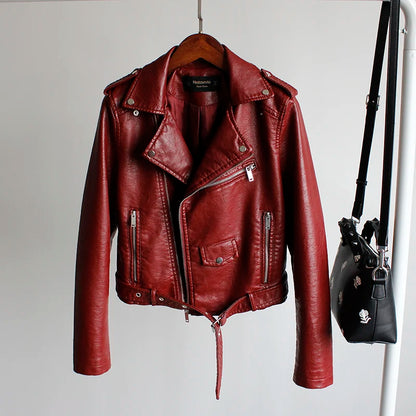 New Leather Jacket Women's Fashion Autumn PU Slim Fit Artificial Leather Motorcycle Coat Black Red Leather Jacket Women