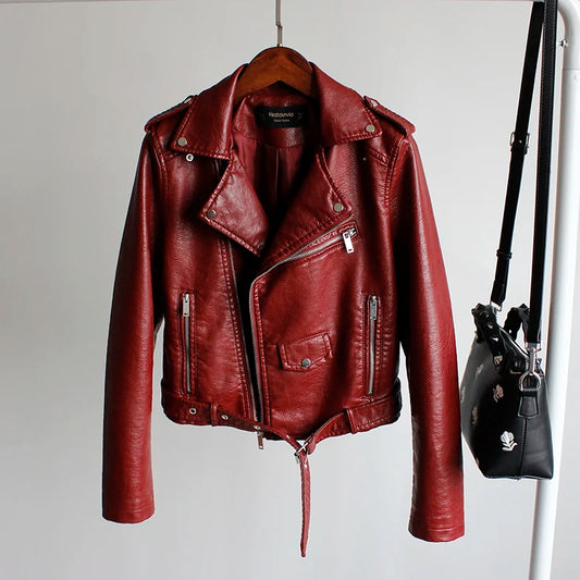 New Leather Jacket Women's Fashion Autumn PU Slim Fit Artificial Leather Motorcycle Coat Black Red Leather Jacket Women
