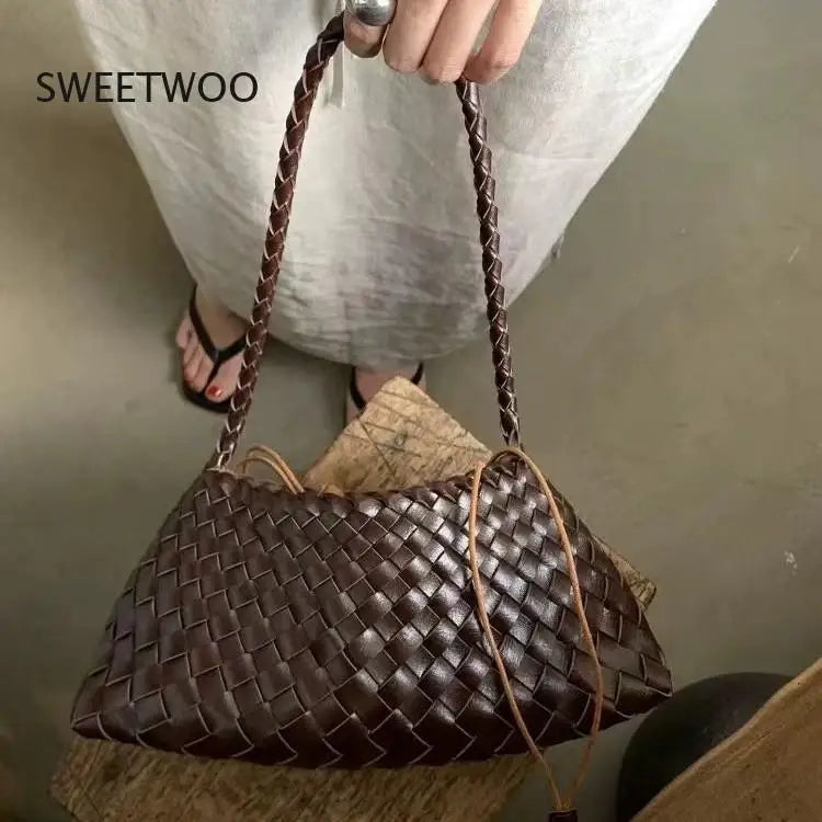 Women's Woven Leather Shoulder Bag Braided Strap Casual Handbag