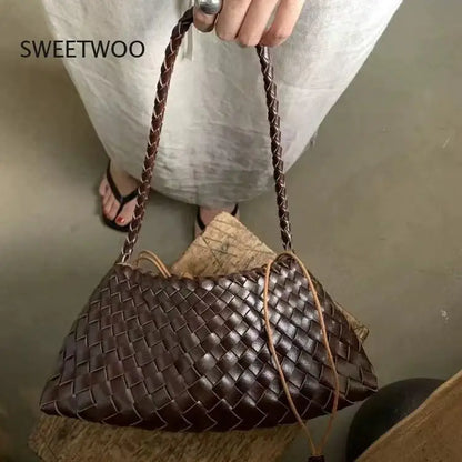 Women's Woven Leather Shoulder Bag Braided Strap Casual Handbag