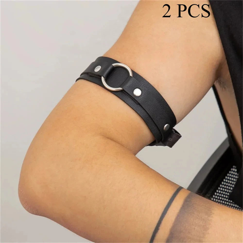Leather Arm Band for Men, Metal Ring Upper Arm Cuff, Wristband Collar, Punk Leather Strap Jewelry Accessories