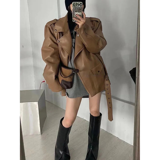 Black Leather Jacket for Women 2025 Spring and Autumn New Loose Fashion Versatile High-end Feel