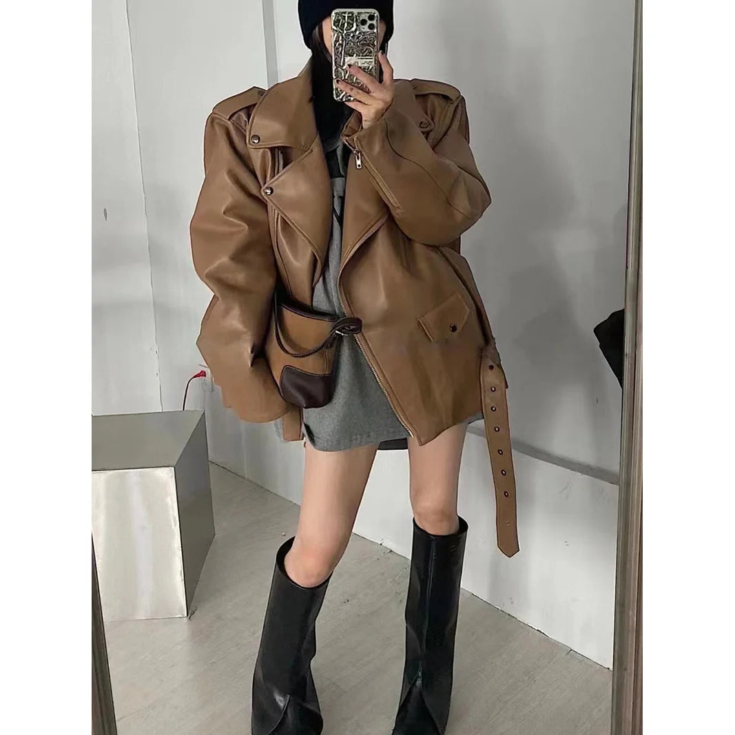 Black Leather Jacket for Women 2025 Spring and Autumn New Loose Fashion Versatile High-end Feel