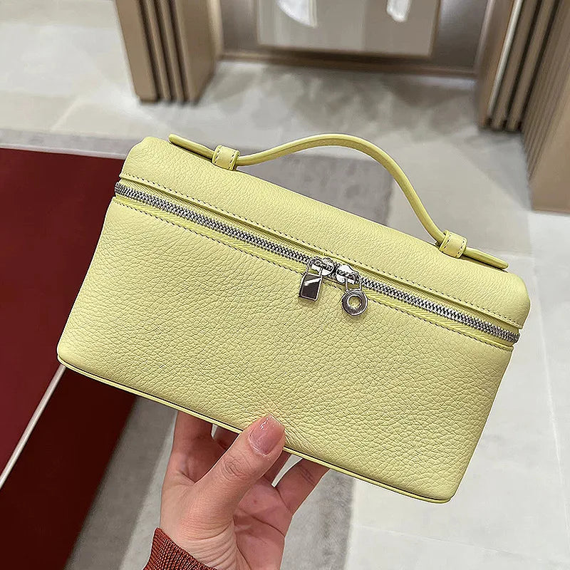 Lunch box bag, genuine leather women's bag, one shoulder crossbody handbag, lychee patterned makeup bag
