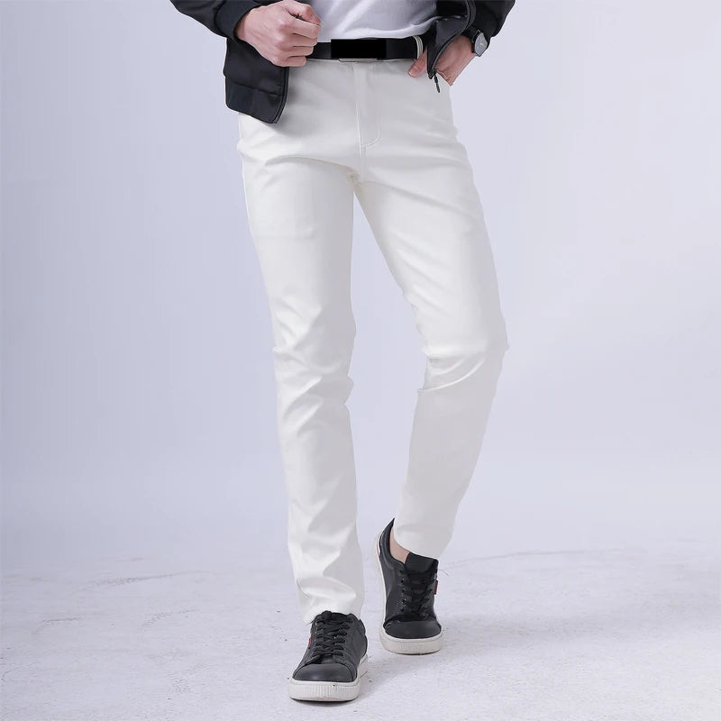 Men Leather Pants Skinny Fit Elastic Fashion PU Leather Trousers Wet Look Stretch Faux Leather Motorcycle Pants Thin Streetwear