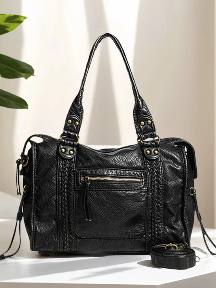 Leather Retro Shoulder Bag for Women with Pockets Shoulder Handbag Top Handle Bag Shopper Bag for Work Travel