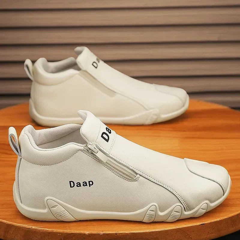 Men's Leather Shoes Ankle Boots Casual Leather Loafers Zipper Comfortable Formal Flat Solid Color White Shoes Driving Moccasins