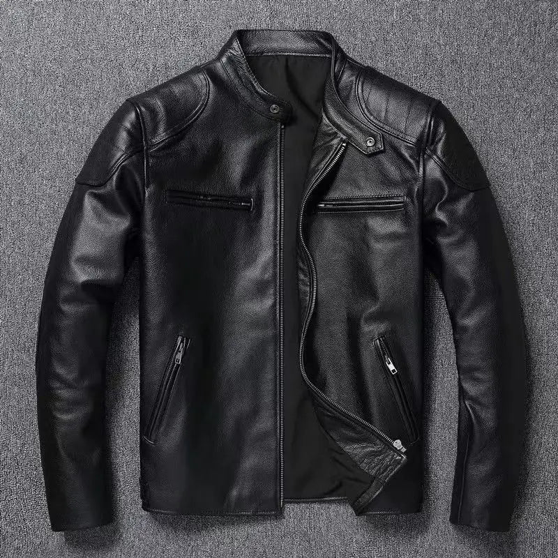 New Vintage Black Leather Jacket Natural Cowhide Men Motorcycle Biker Coat Mens Slim Calf Skin Coat