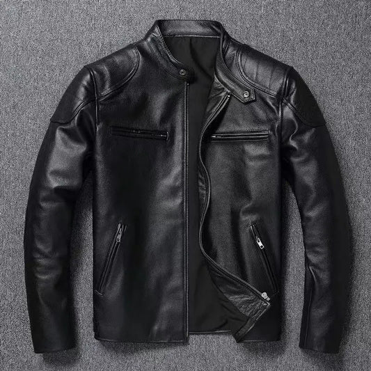 New Vintage Black Leather Jacket Natural Cowhide Men Motorcycle Biker Coat Mens Slim Calf Skin Coat