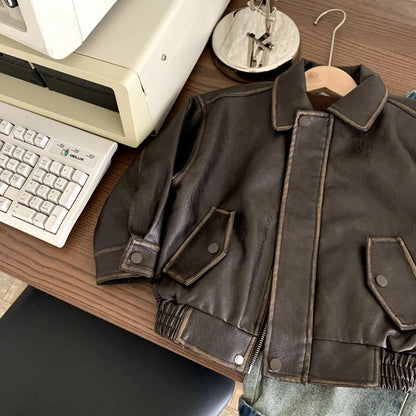 Boys Leather Jacket 2025 Autumn Spring Korean Style New Arrival Trendy Fashion Cool Brown Solid Color Jackets Coats
