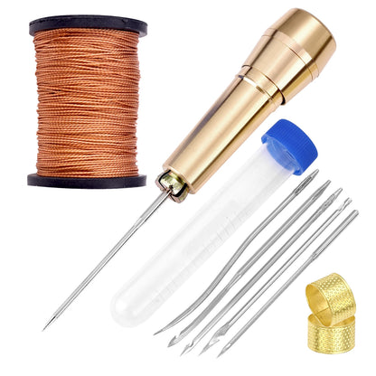 Leather Sewing Kit DIY Leather Sewing Awl Needle with Copper Handle Set Leather Canvas Tent Shoes Repairing Tool 3 Color Thread