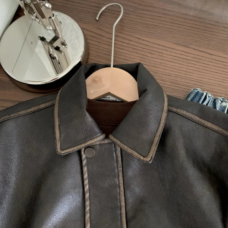 Boys Leather Jacket 2025 Autumn Spring Korean Style New Arrival Trendy Fashion Cool Brown Solid Color Jackets Coats