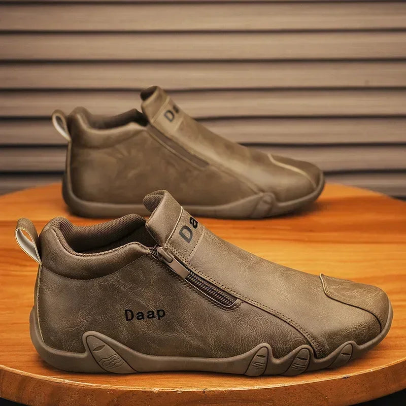 Men's Leather Shoes Ankle Boots Casual Leather Loafers Zipper Comfortable Formal Flat Solid Color White Shoes Driving Moccasins