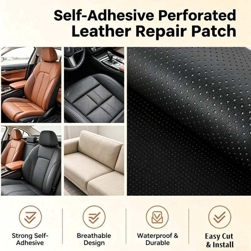 Self-Adhesive Perforated Leather Repair Patch, 0.8mm Thick Breathable Faux Leather Sheets for Car Seat Sofa Furniture Repair