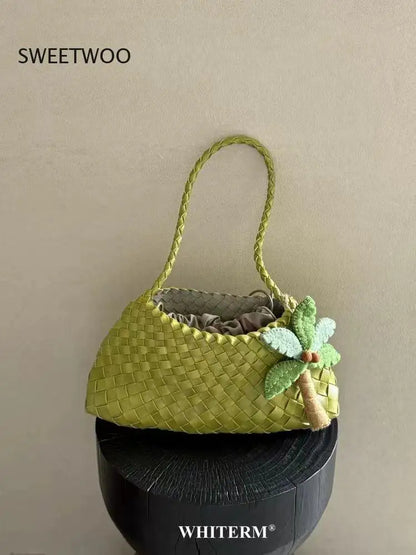 Women's Woven Leather Shoulder Bag Braided Strap Casual Handbag