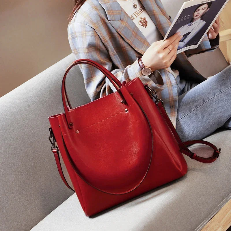 Genuine Leather Tote Bag for Women Large Capacity Oil Wax Leather Top Handle Shoulder Bag Vintage Luxury Designer Handbag