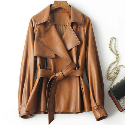 100% Real Sheepskin Women Vintage Brown Leather Jackets Fashion Lapel Collar Belt Ladies Casual First Layer Leather Jackets Tops