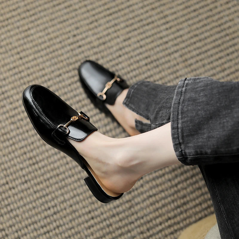 Genuine leather shoes women  mules slipper Cover Toe Elegant Slippers  summer Simple Casual Loafers