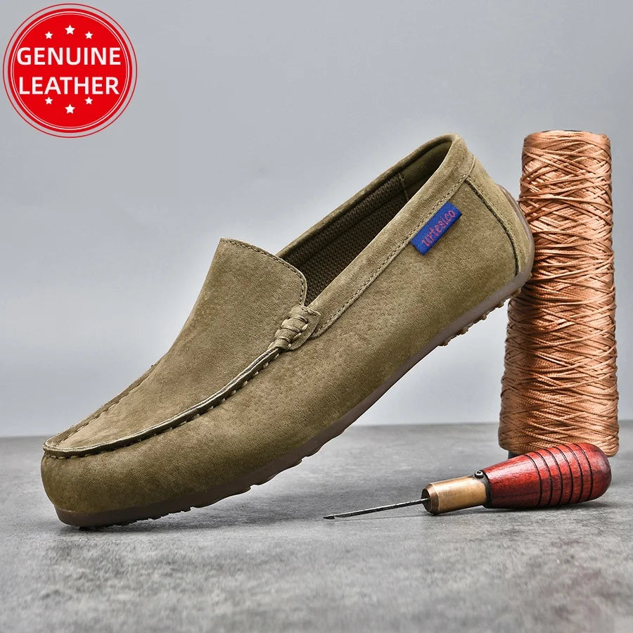 Men's Genuine Leather Handcrafted Slip-On Shoes - Breathable Comfortable Rubber Bottom Casual Formal Loafers