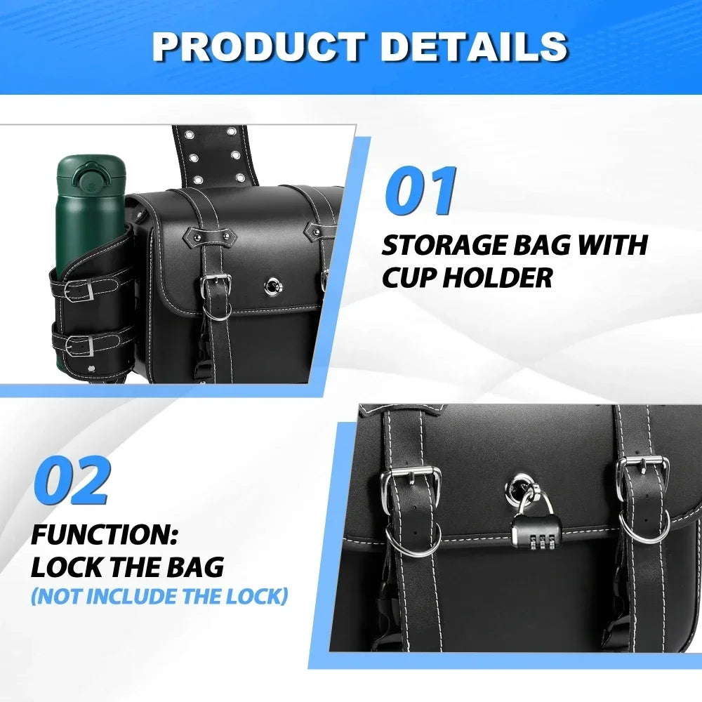 1 Pair Motorcycle Saddlebags with Cup Holder Panniers Rear Side Bags Luggage Storage PU Leather Large Capacity Waterproof