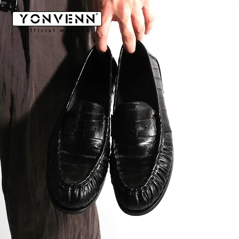 Loafers for men's eel skin pleated design a top layer cowhide slip in formal dress shoe suitable for casual work and commuting