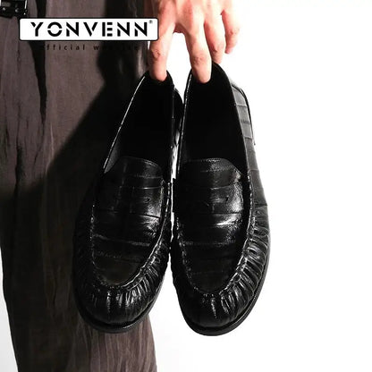 Loafers for men's eel skin pleated design a top layer cowhide slip in formal dress shoe suitable for casual work and commuting