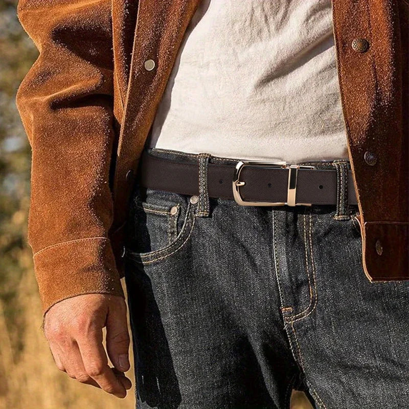 1pc Men's Business Genuine Leather Cowhide Belt, Rotating Pin Buckle Casual Belt For Men, Double-sided Wear Belt