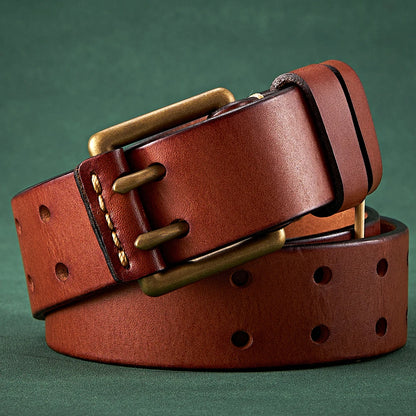 3.8cm Wide Vintage Men's Belt Cowhide Genuine Leather Belt Copper Double Needle Buckle Handmade Jeans Belt Fashion Male Strap