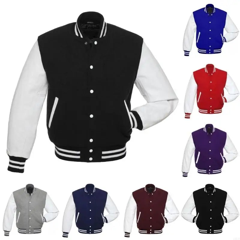 Men's Jackets Leather Sleeve Wool Blend Baseball Letterman Jackets Casual Coat Jackets