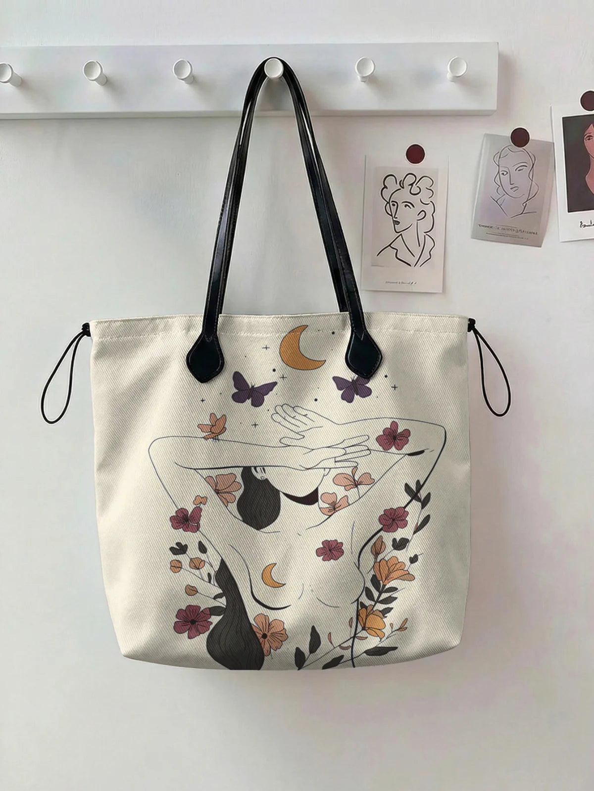 Printed handbag for women, large capacity leather handle shopping bag, casual shoulder bag