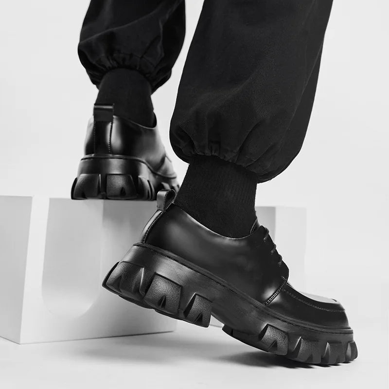 Male Leather Shoes Men 2023 New Chunky Platform Retro Work Shoes Spring Autumn Derby Shoes Highstreet Low Top Man Casual Flats