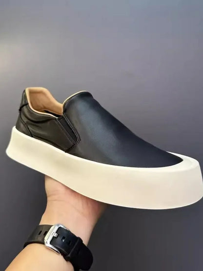 Vintage Mens New Slip On Loafers Thick Platform Casual Skateboard Shoes Cowhide Genuine Leather Shoes Outside Joggers Sneakers