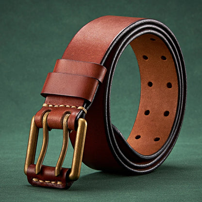 3.8cm Wide Vintage Men's Belt Cowhide Genuine Leather Belt Copper Double Needle Buckle Handmade Jeans Belt Fashion Male Strap