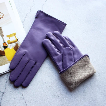 Leather Sheepskin Gloves Women's Autumn Warm Fleece Lining Color Fashion Thin Outdoor Activities Electric Bike Riding Driving