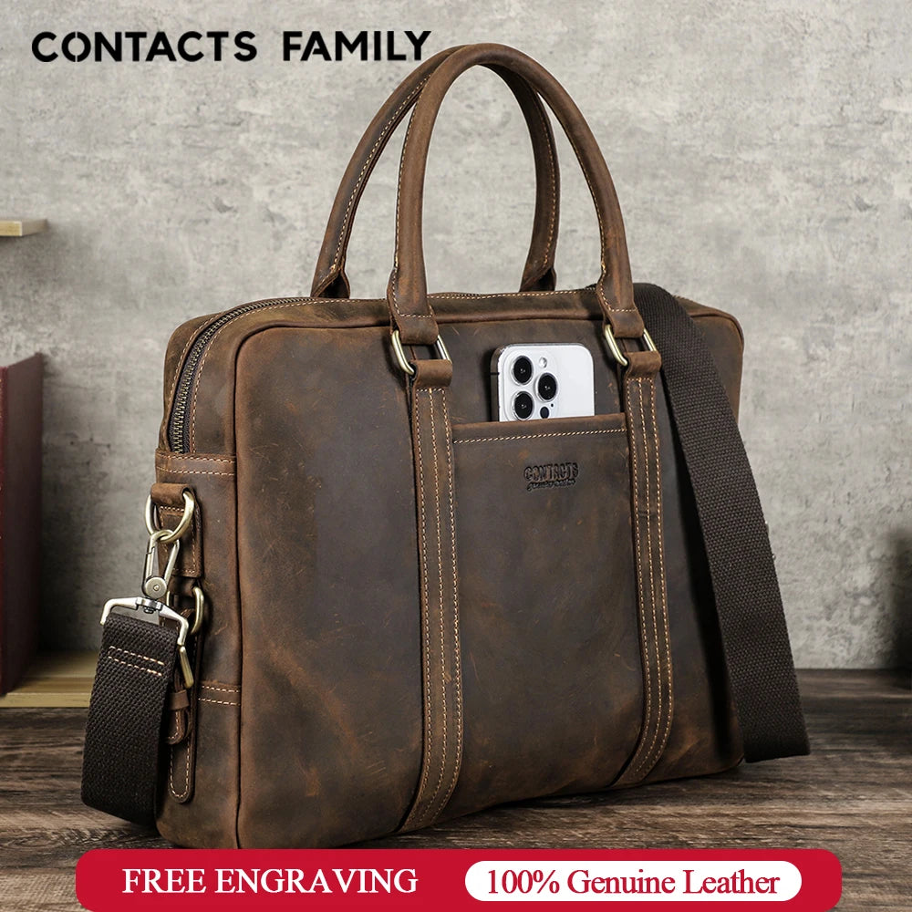 Genuine Crazy Horse  Leather Men Laptop Bags Business Men's Briefcase Male Shoulder Tote Handbag Casual Crossbody Bag