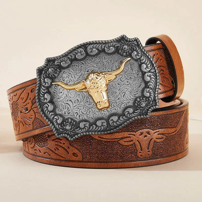 Men Western Cowboy Belt, Black Faux Leather with Embossed Pattern, Stylish Alloy Buckle, Cool Fashion Waist Belt for Daily Wear