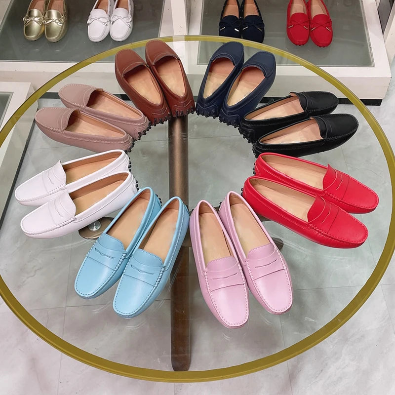 Ladies Spring Summer Genuine Leather Slip-On Shoes Soft Bottom Lightweight Comfortable Walking Flats Casual Office Footwear