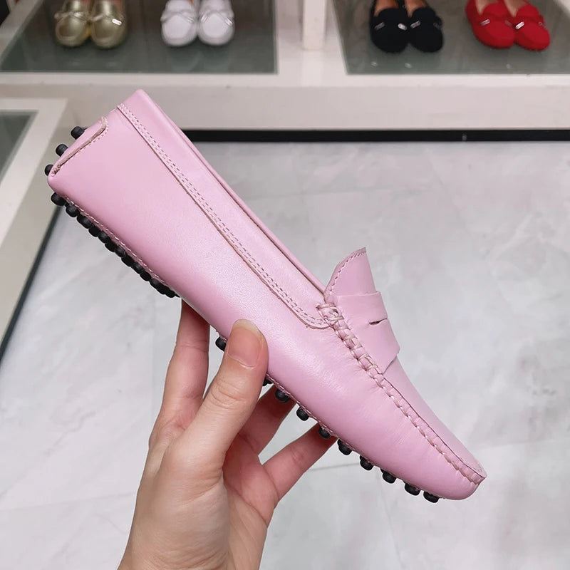 Ladies Spring Summer Genuine Leather Slip-On Shoes Soft Bottom Lightweight Comfortable Walking Flats Casual Office Footwear