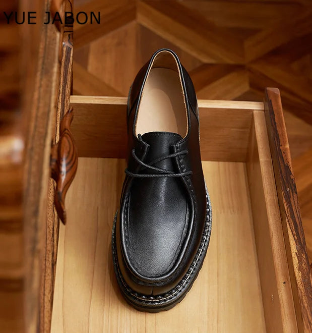 Thick-Soled Derby Shoes Genuine Leather Men's Shoes Designer Lace-Up Casual Shoes Wear-Resistant Trendy Handmade Men's Shoes