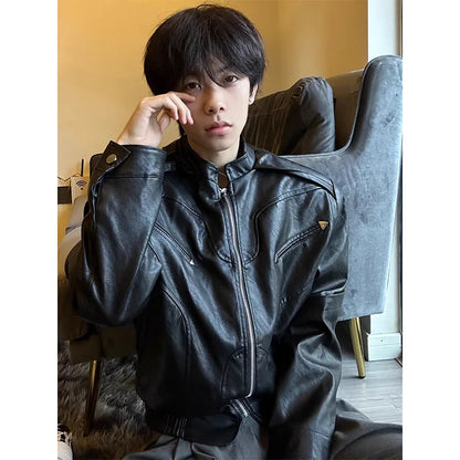 Short Leather Jacket Men's High-end and Handsome American Retro Motorcycle Spring and Autumn