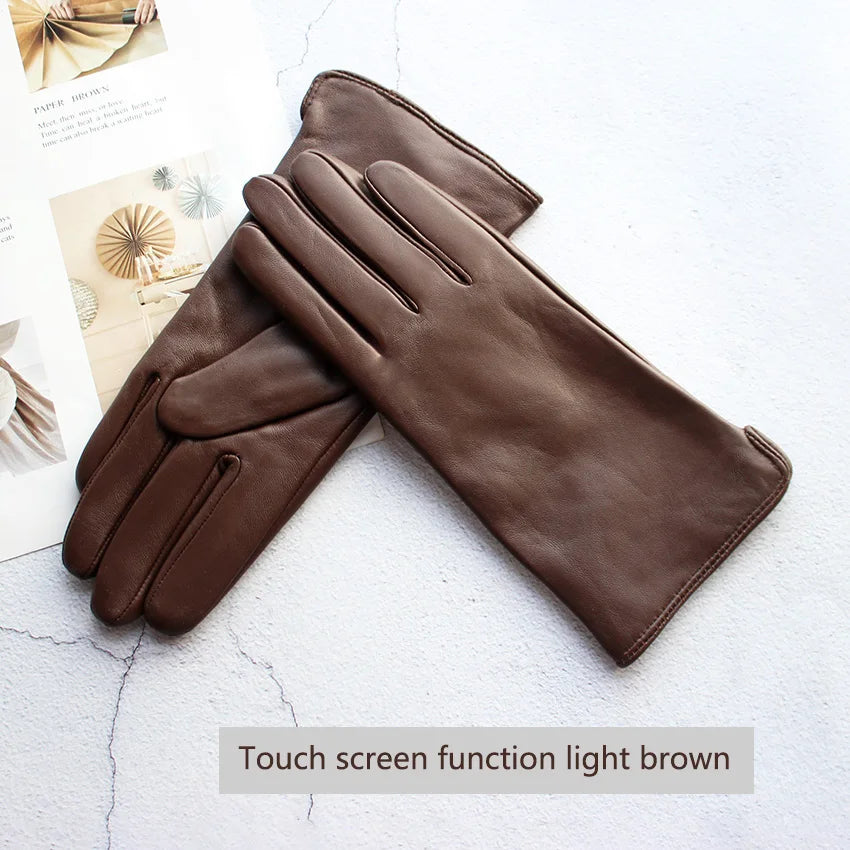 Leather Sheepskin Gloves Women's Autumn Warm Fleece Lining Color Fashion Thin Outdoor Activities Electric Bike Riding Driving