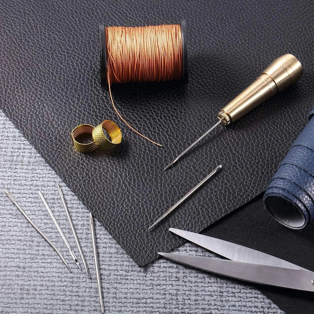 DIY Leather Sewing Kit Leather Sewing Awl Needle with Copper Handle Set Leather Canvas Tent Shoes Repairing Tool 3 Color Thread