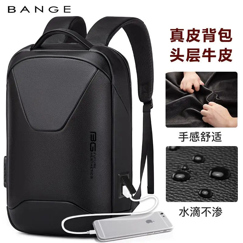 BANGE Leather Anti Theft Waterproof Laptop Backpack 15.6 Inch Daily Work Business Backpack School Back Pack Mochila for Male