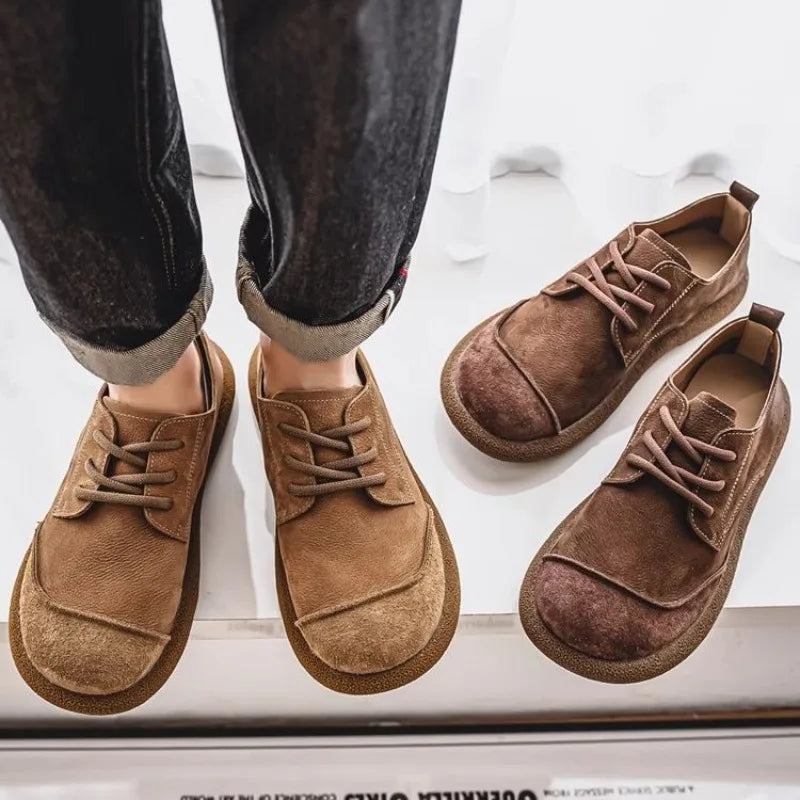 2025 Autumn New Leather Casual Shoes Wide Head Retro Low-top Lace-up Men's Shoes Trendy Versatile Soft Sole Breathable Shoes