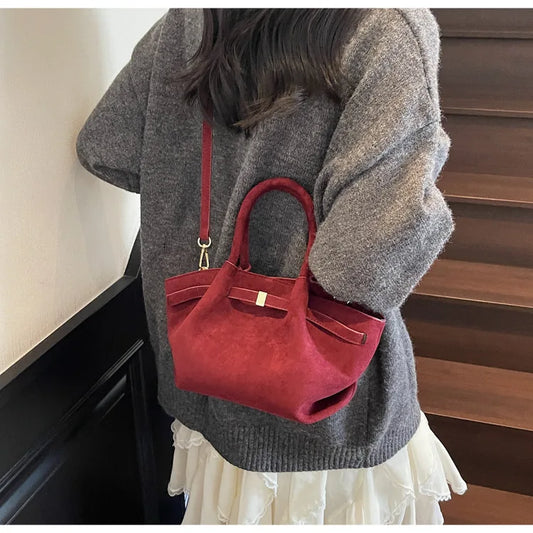Matte Leather Suede Tote Handbags for Women Large Capacity Retro Shoulder Bag Fall Winter Belt Design Female Crossbody Bags