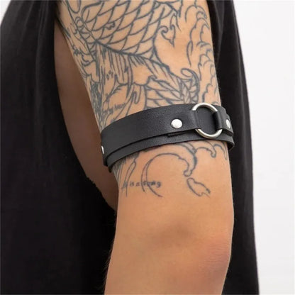 Leather Arm Band for Men, Metal Ring Upper Arm Cuff, Wristband Collar, Punk Leather Strap Jewelry Accessories