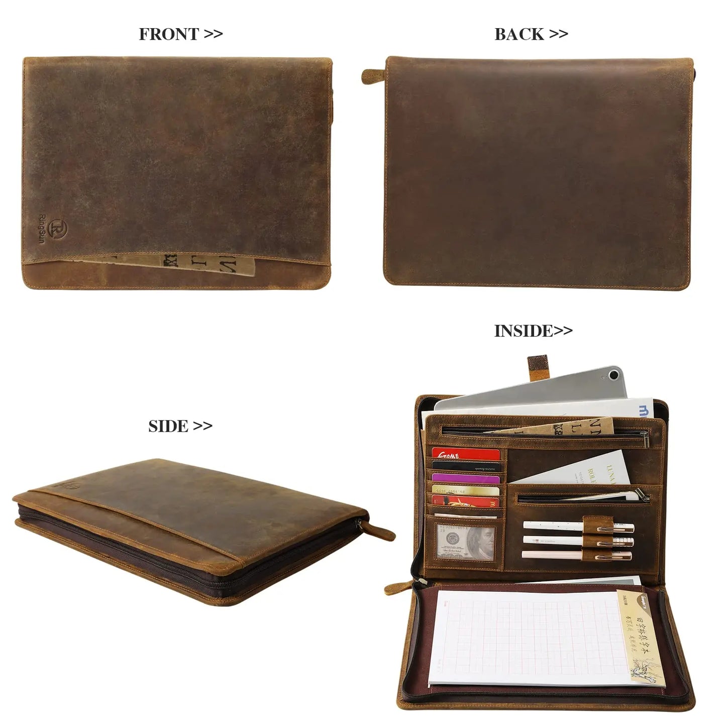 Vintage Crazy Horse Full Grain Leather Briefcase - 12.9" Laptop Bag 25x33x4cm Folder Organizer, 700g Lightweight Mens Office Bag
