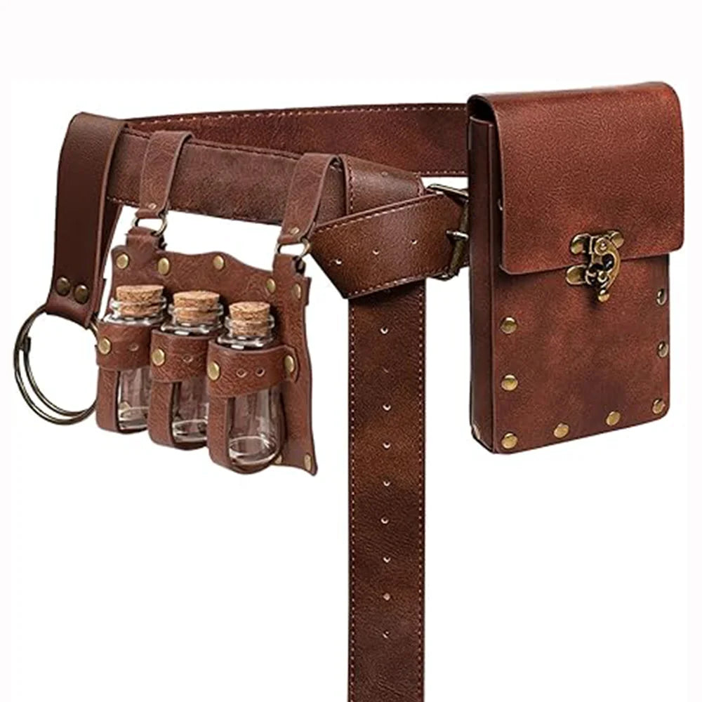 Renaissance Costume Accessories Belt Pouch 3 Potion Bottles Leather Holder Medieval Festival Halloween Costume Belt Waist Set